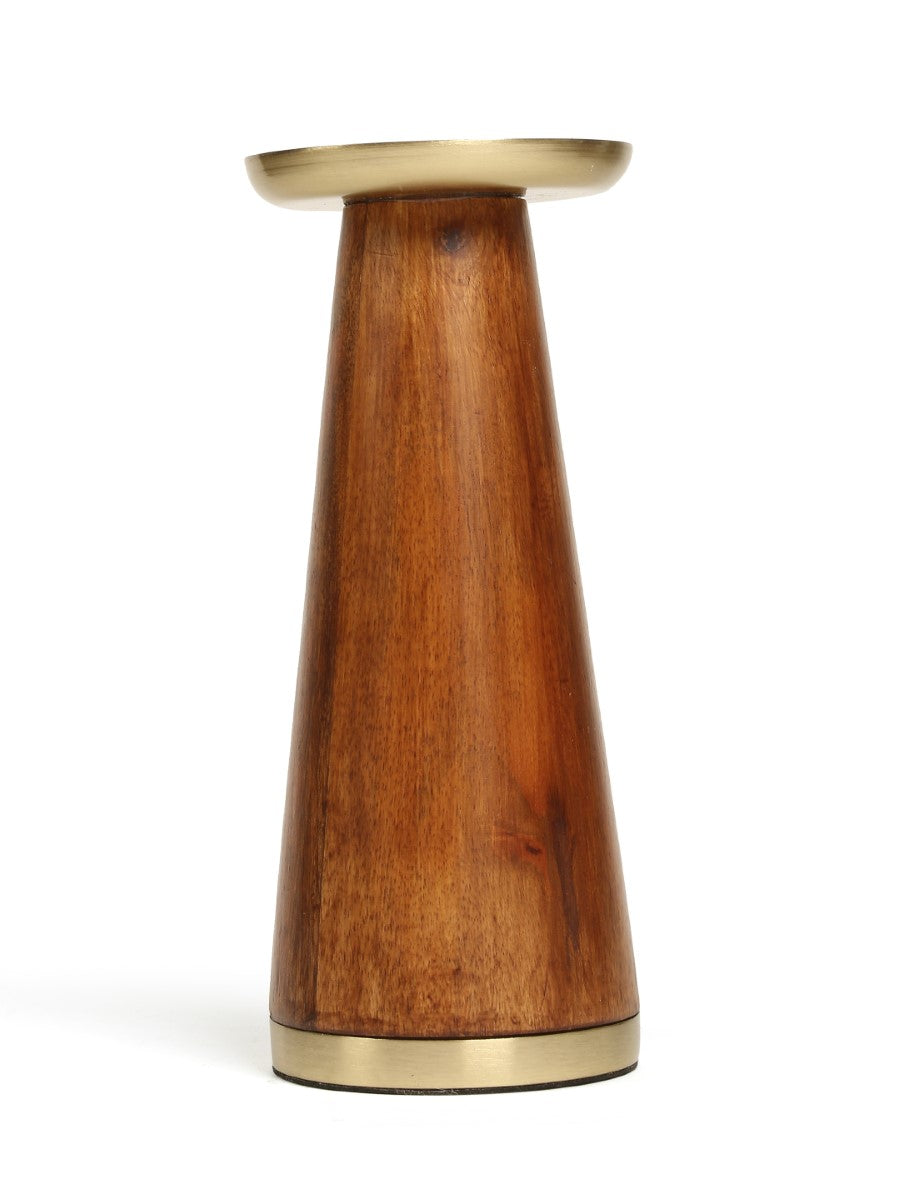 Wooden Pillar Candle Holder With Brass Top (Set Of 2)