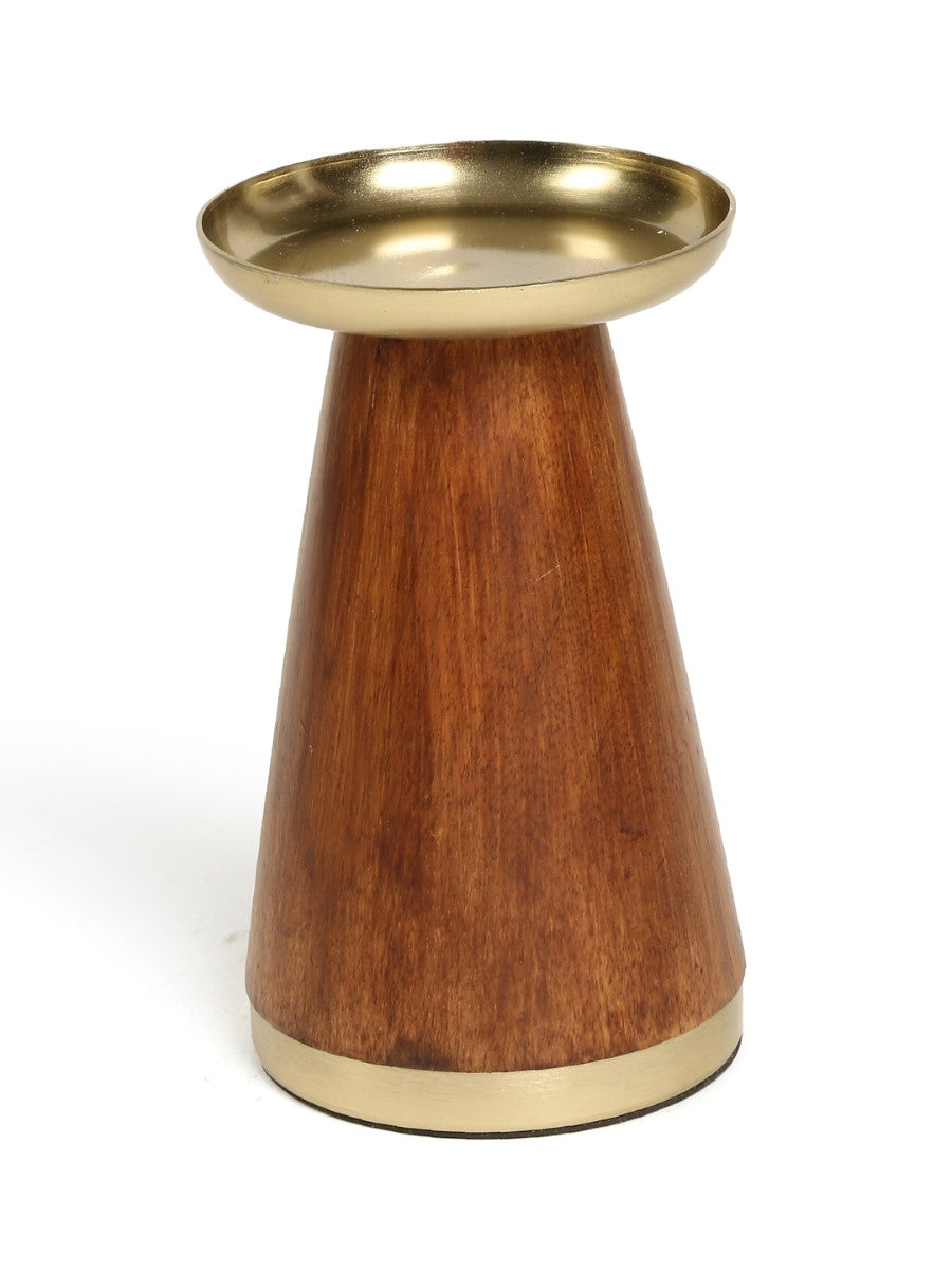Wooden Pillar Candle Holder With Brass Top (Set Of 2)