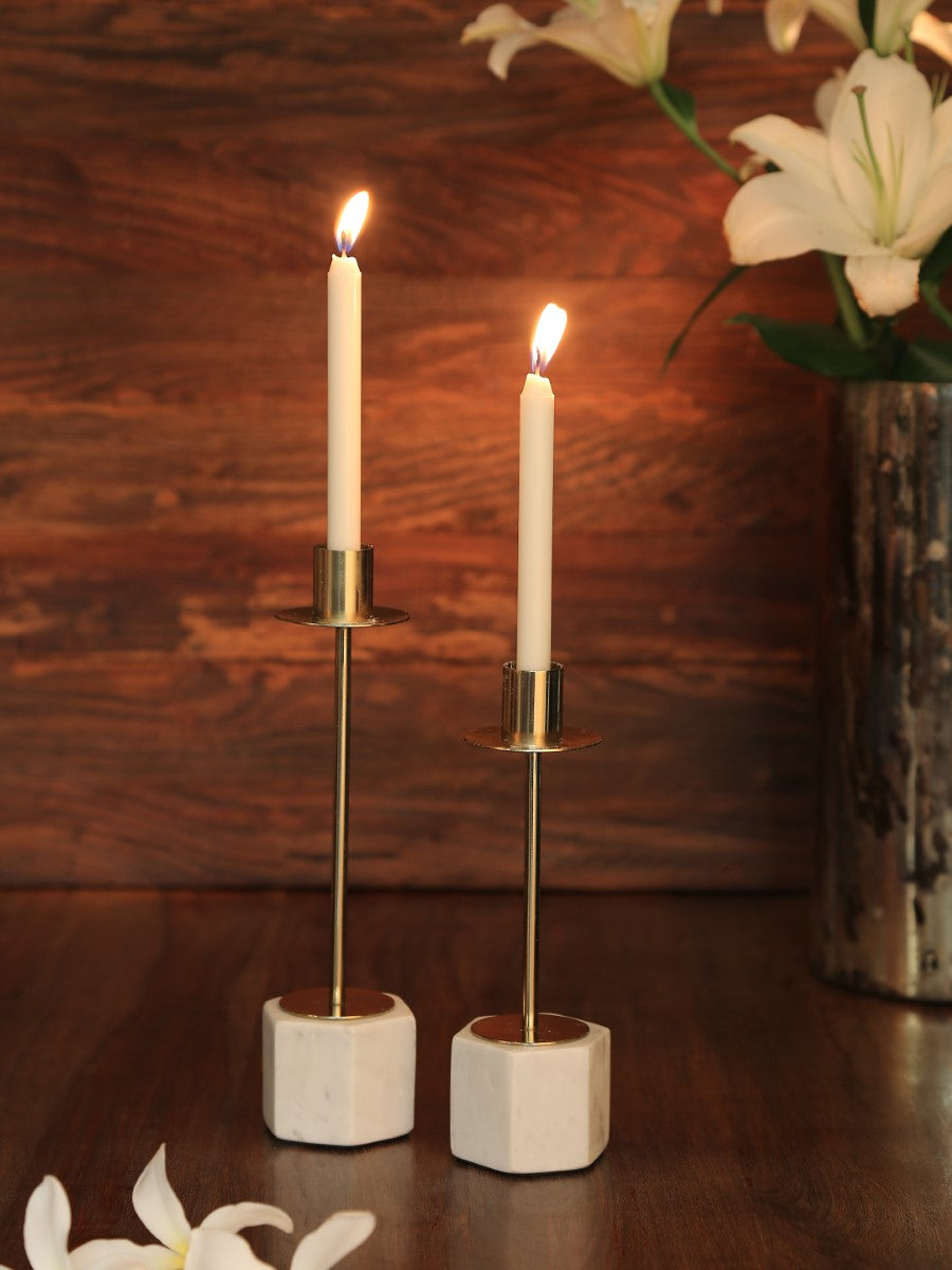 Marble And Gold Tone Taper Candle Holder (Set Of 2)