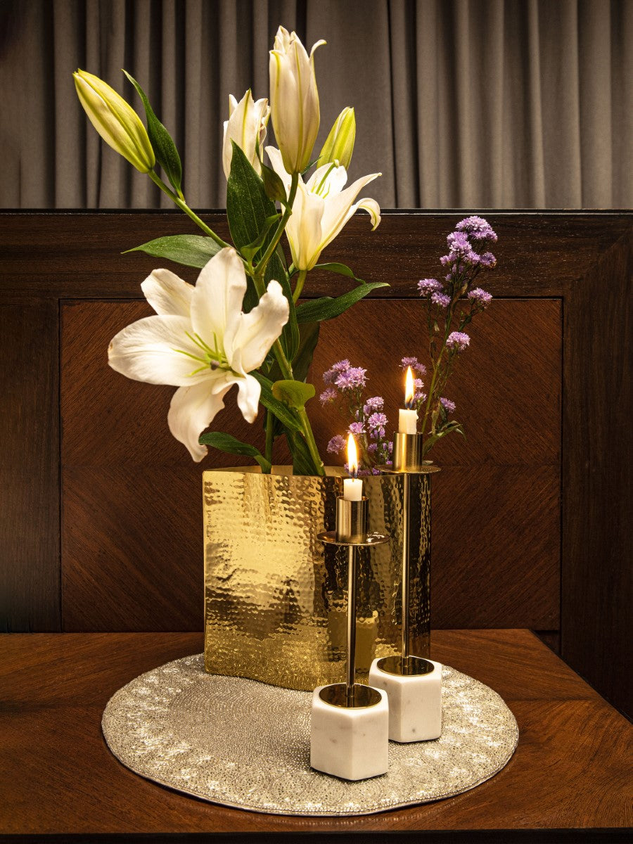 Marble And Gold Tone Taper Candle Holder (Set Of 2)