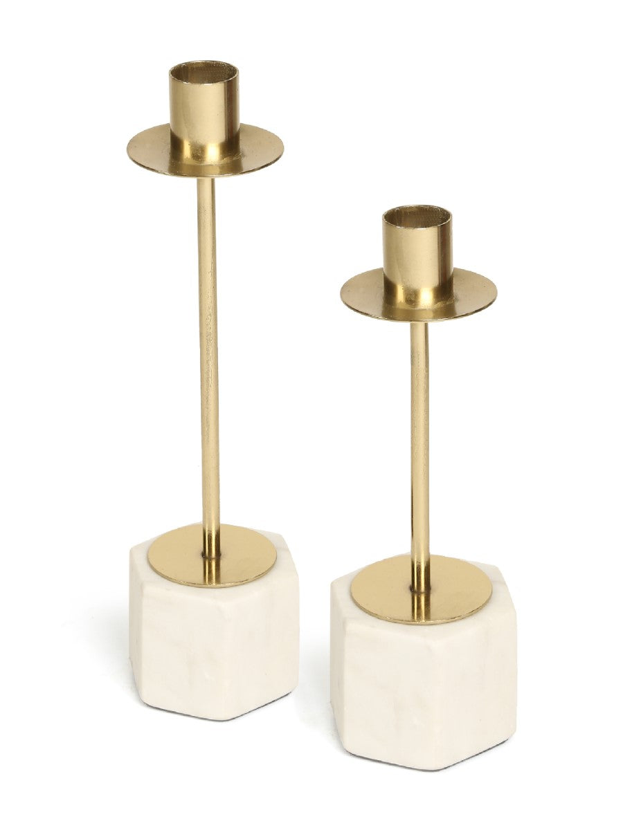 Marble And Gold Tone Taper Candle Holder (Set Of 2)