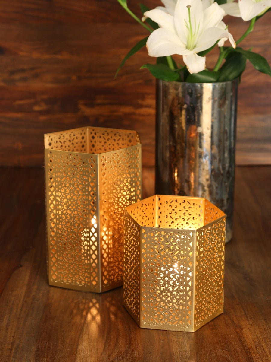 Antique Gold Finish Candle Holders (Set Of 2)