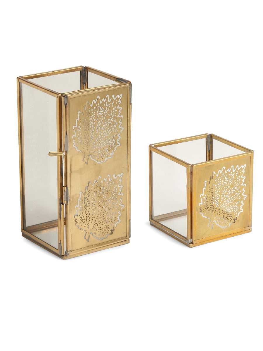 Antique Gold And Glass Leaf Design Candle Holders (Set Of 2)