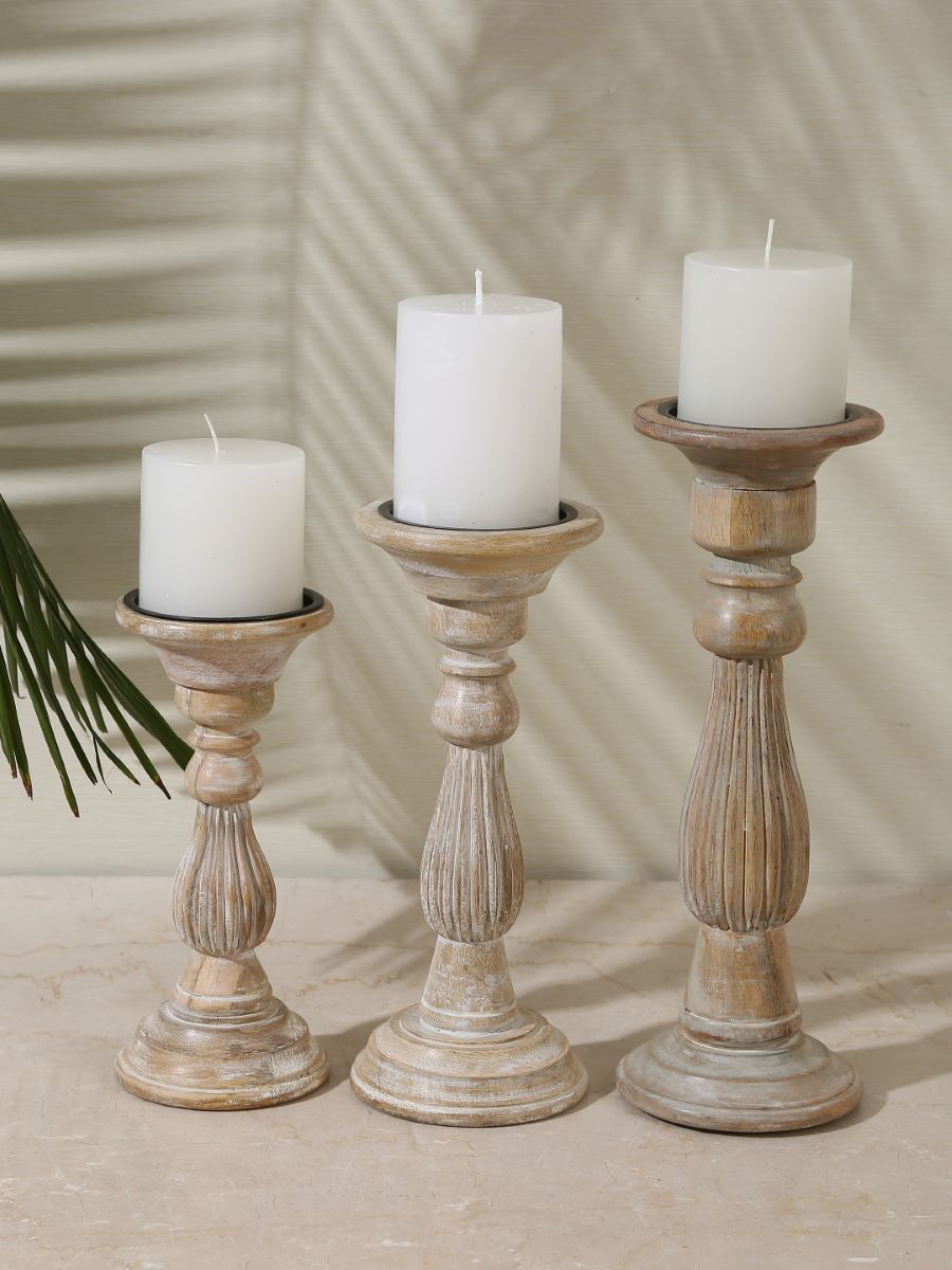 Wooden Carved Pillar Candle Holders (Set Of 3)
