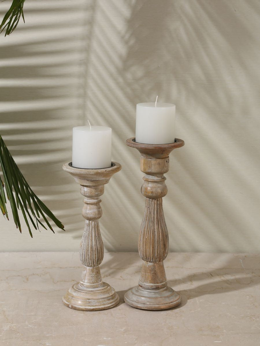 Wooden Carved Pillar Candle Holders (Set Of 3)