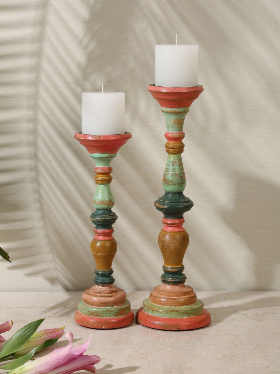 Multicolor Hand Crafted Wooden Candle Holder In Distress Finish-(Set Of 2)