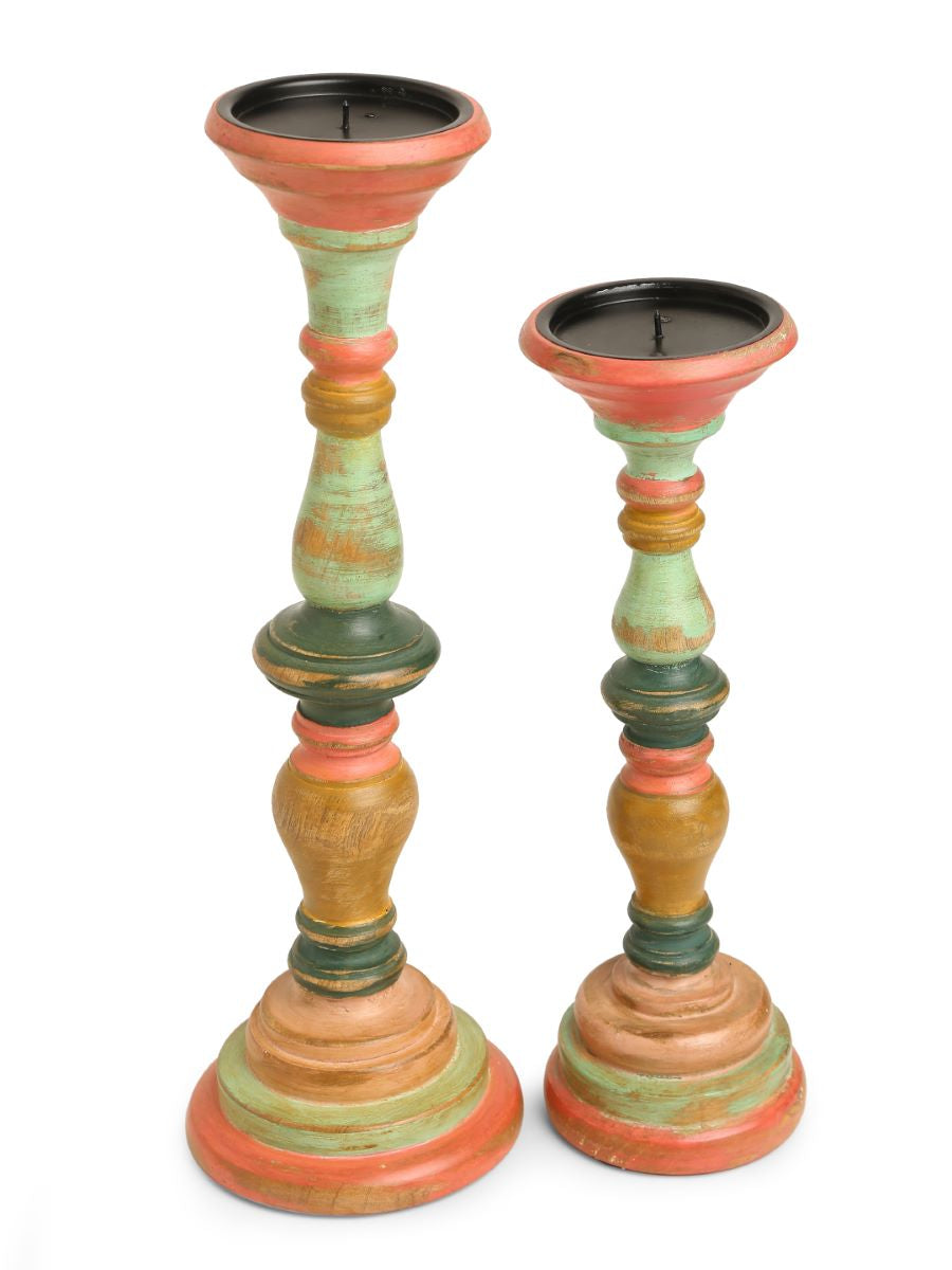 Multicolor Hand Crafted Wooden Candle Holder In Distress Finish-(Set Of 2)