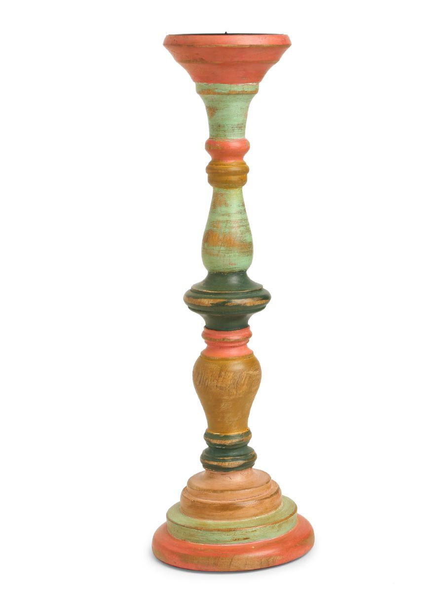 Multicolor Hand Crafted Wooden Candle Holder In Distress Finish-(Set Of 2)