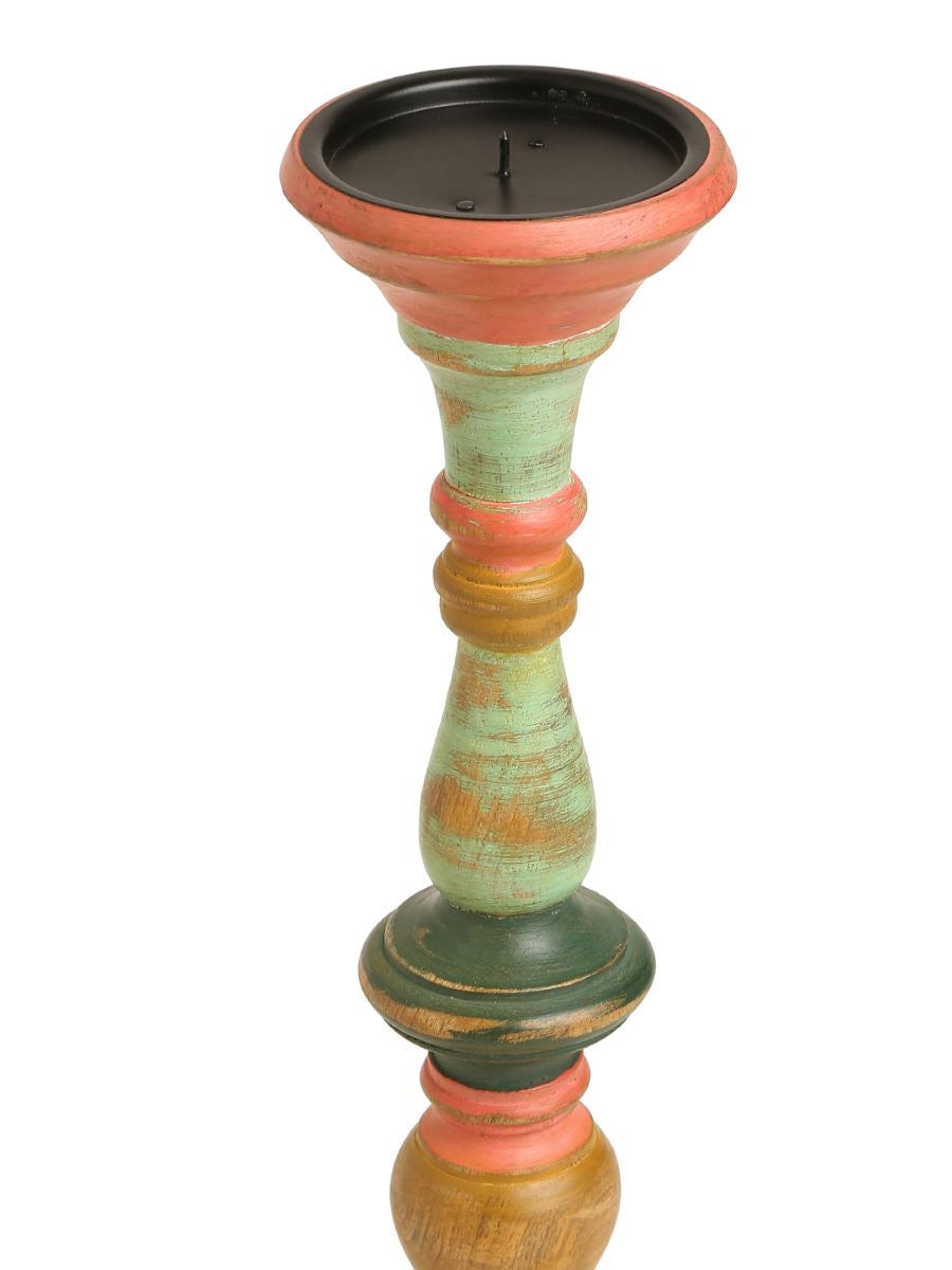 Multicolor Hand Crafted Wooden Candle Holder In Distress Finish-(Set Of 2)
