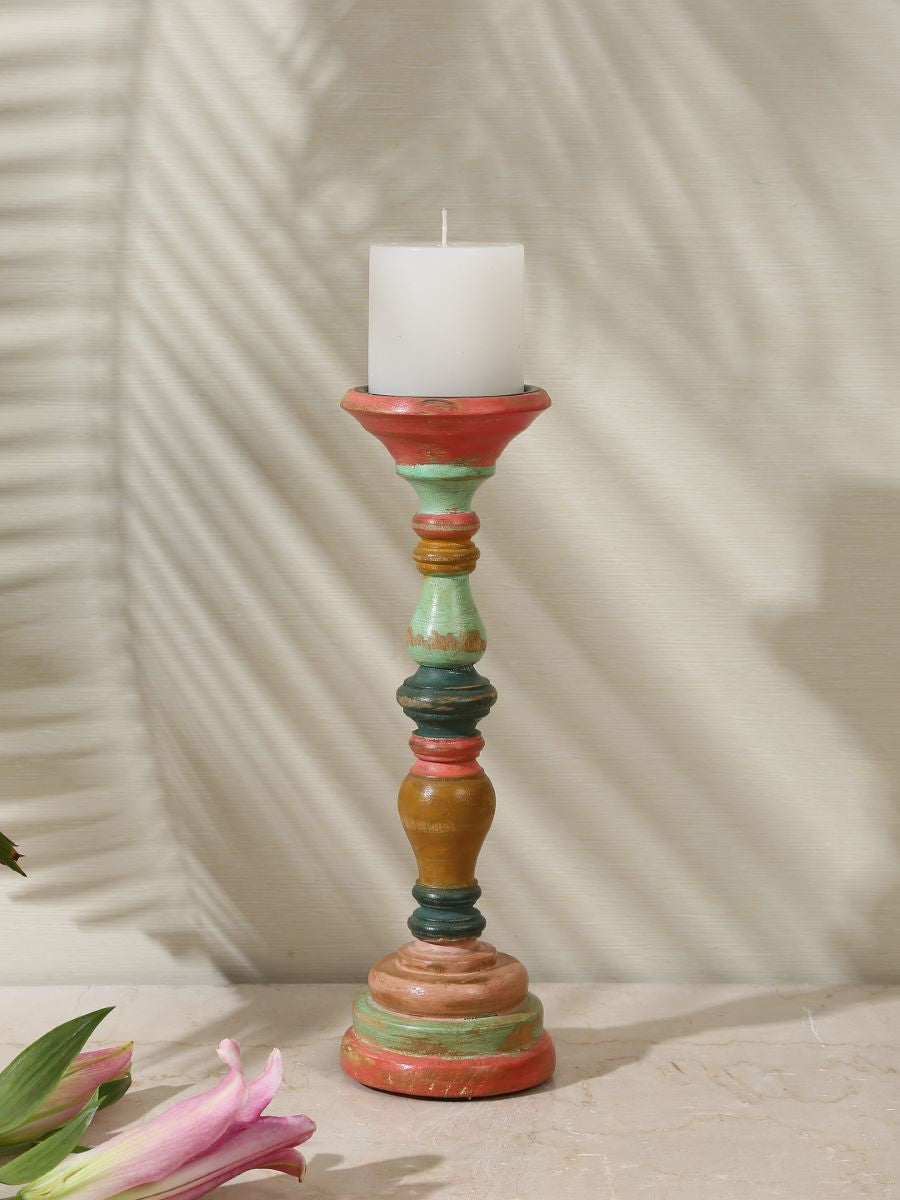 Multicolor Hand Crafted Wooden Candle Holder In Distress Finish