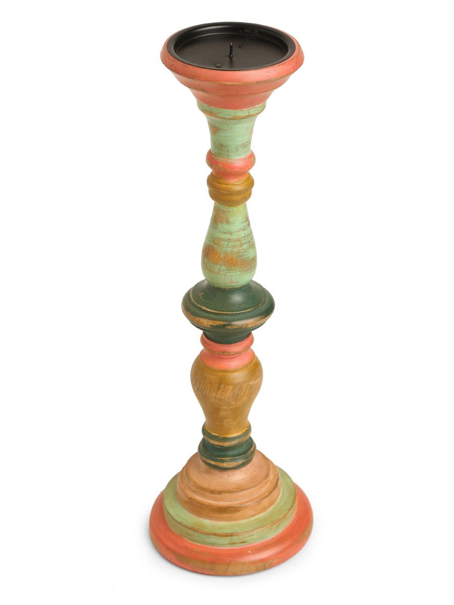 Multicolor Hand Crafted Wooden Candle Holder In Distress Finish