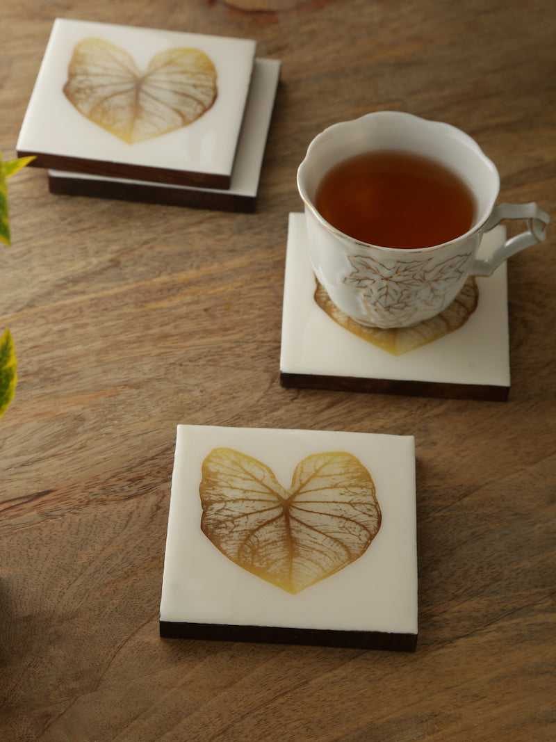 Gold Leaf Design Enamel Finish Coasters (Set of 4)