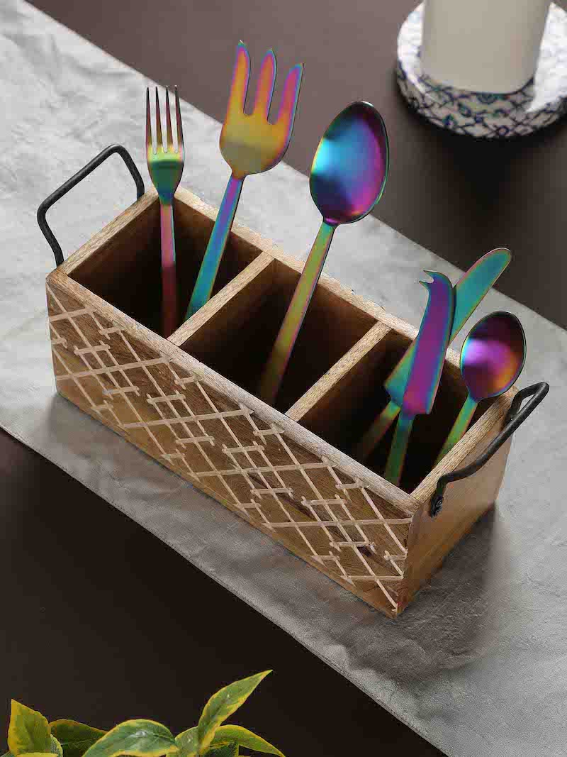 Natural Distress Finish Carved Cutlery Stand
