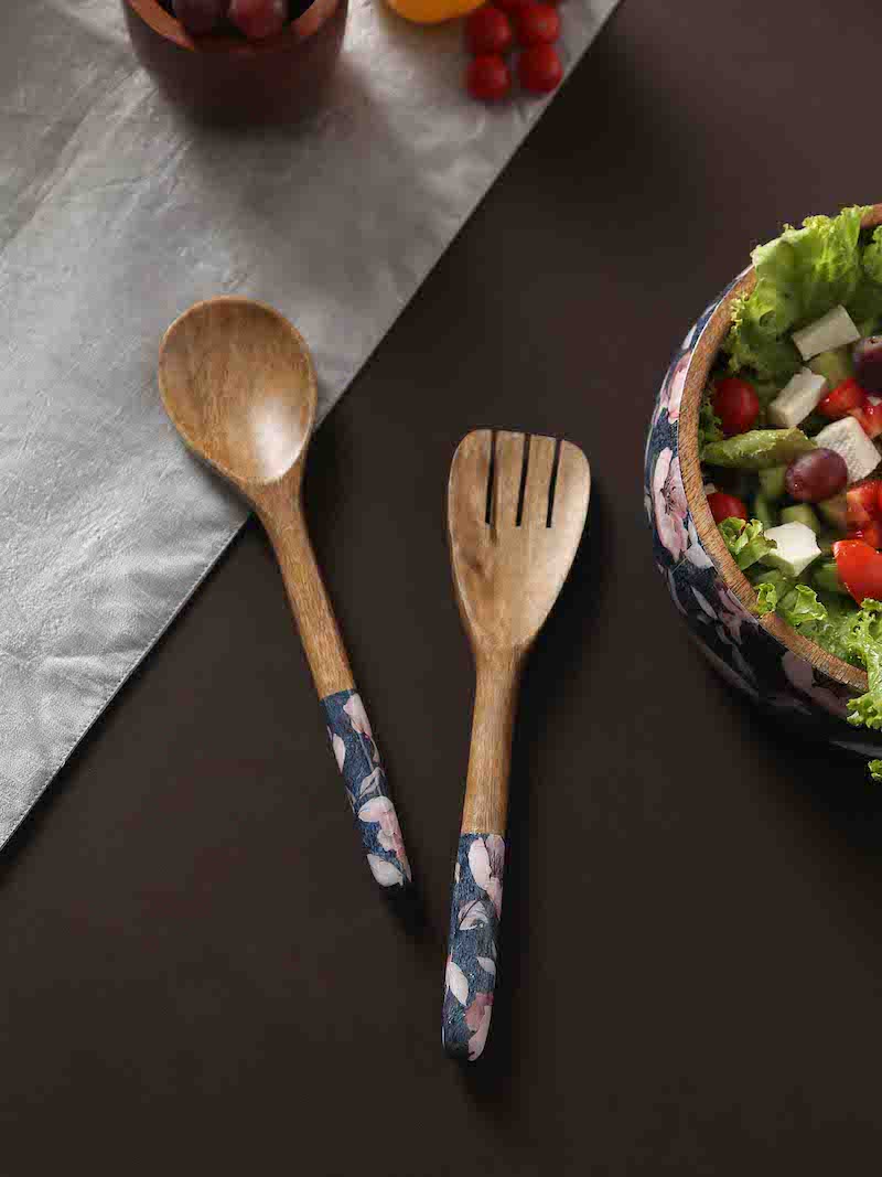 Blue Natural Wood Salad Servers