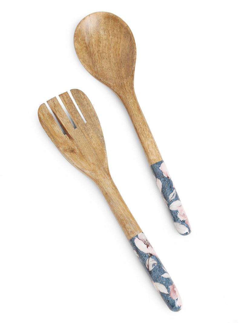 Blue Natural Wood Salad Servers