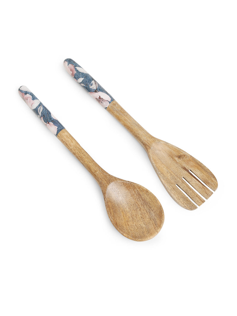 Blue Natural Wood Salad Servers
