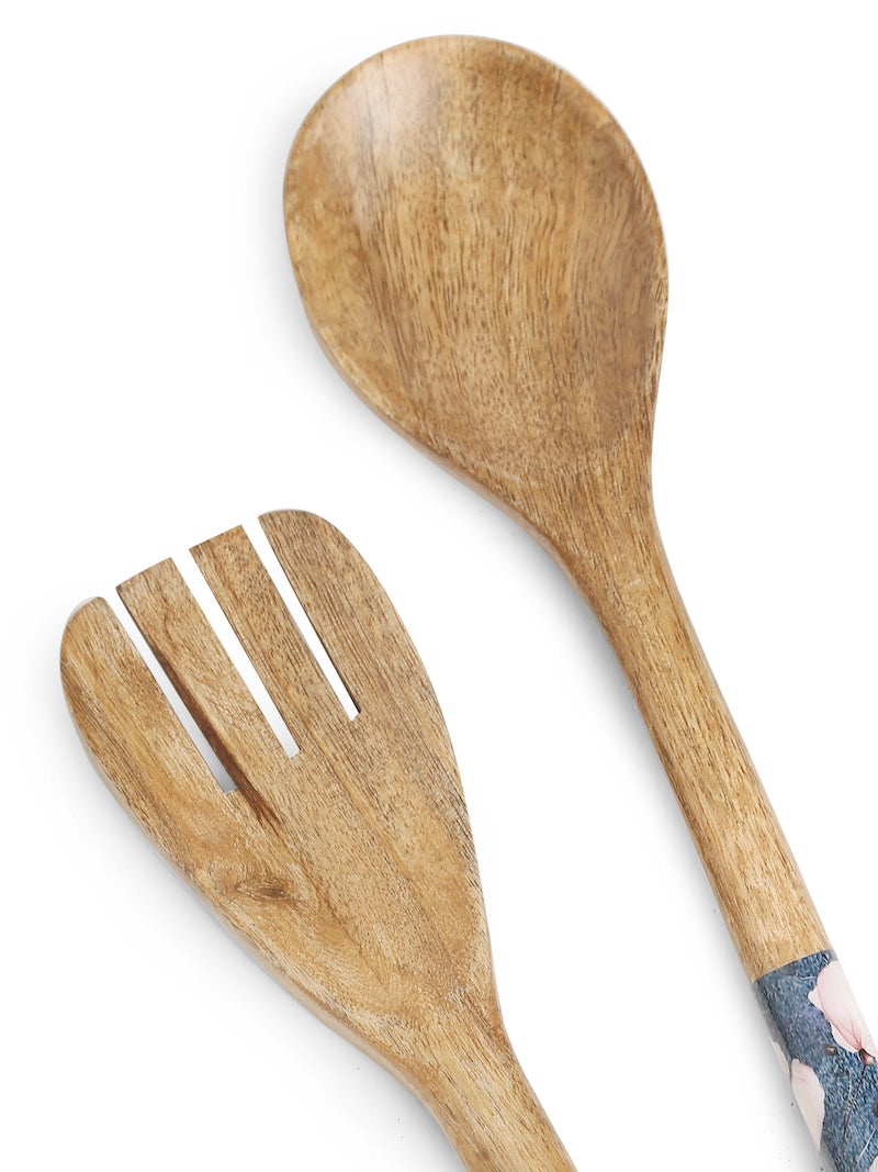 Blue Natural Wood Salad Servers