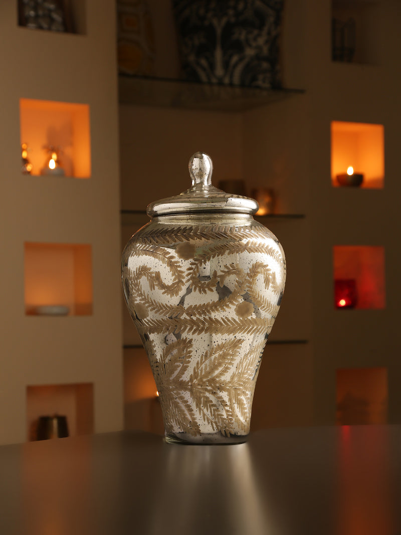 Pot Style Glass Container with Lid in Antique Finish