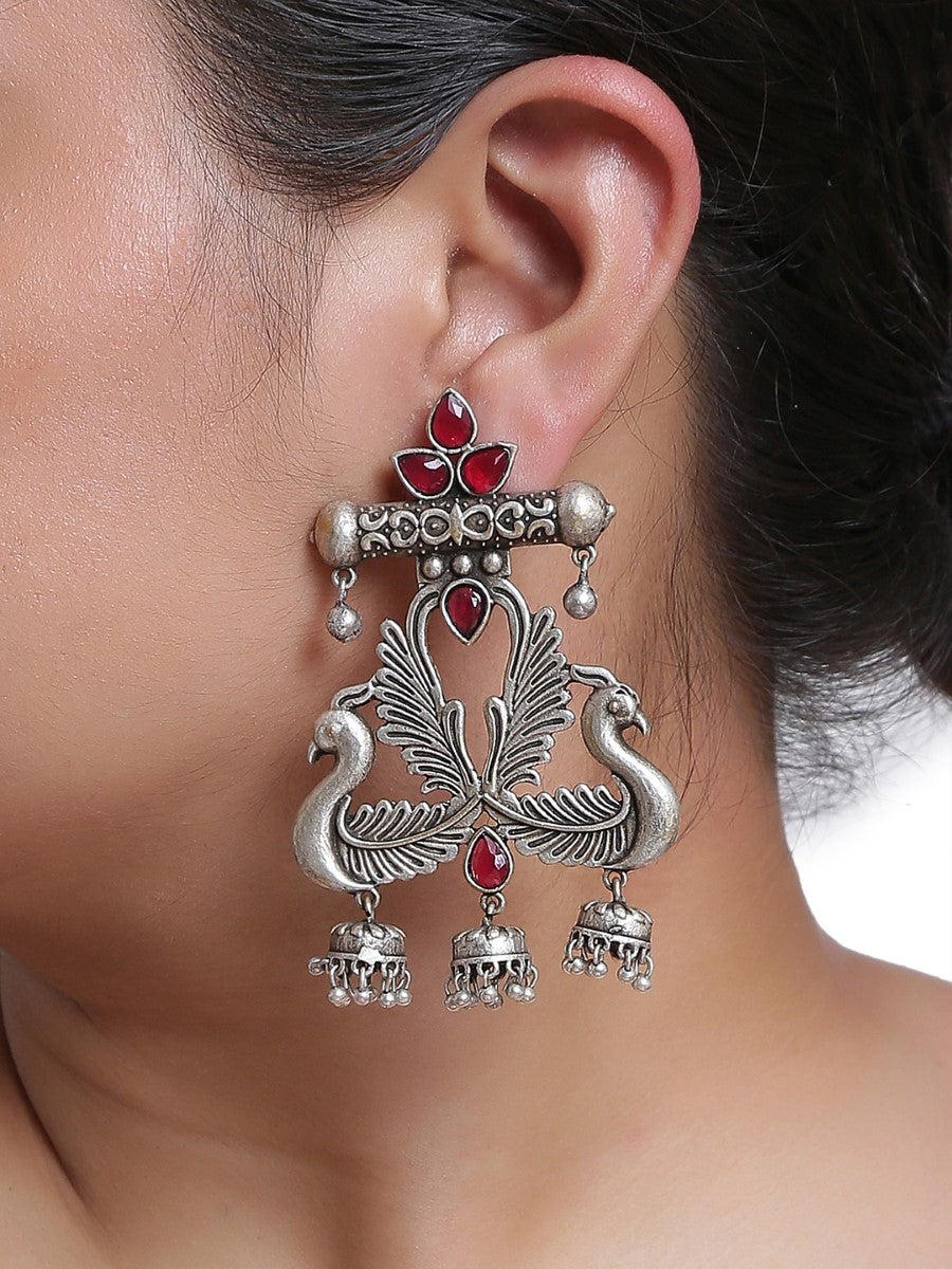 Peacock Design Silver Tone Earrings with Pink Stones