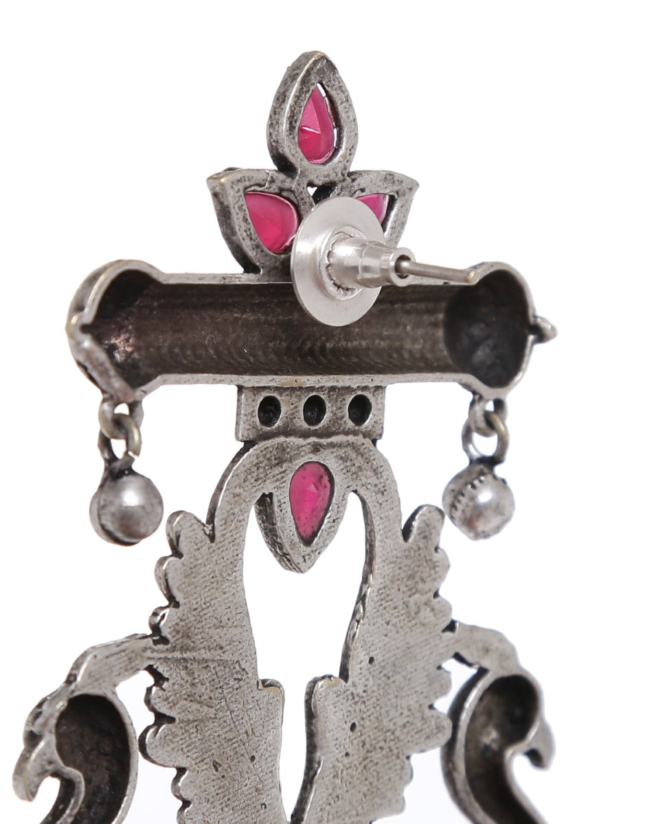 Peacock Design Silver Tone Earrings with Pink Stones