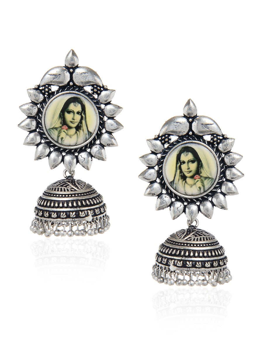 Vintage Design Silver Tone Jhumki with Painting