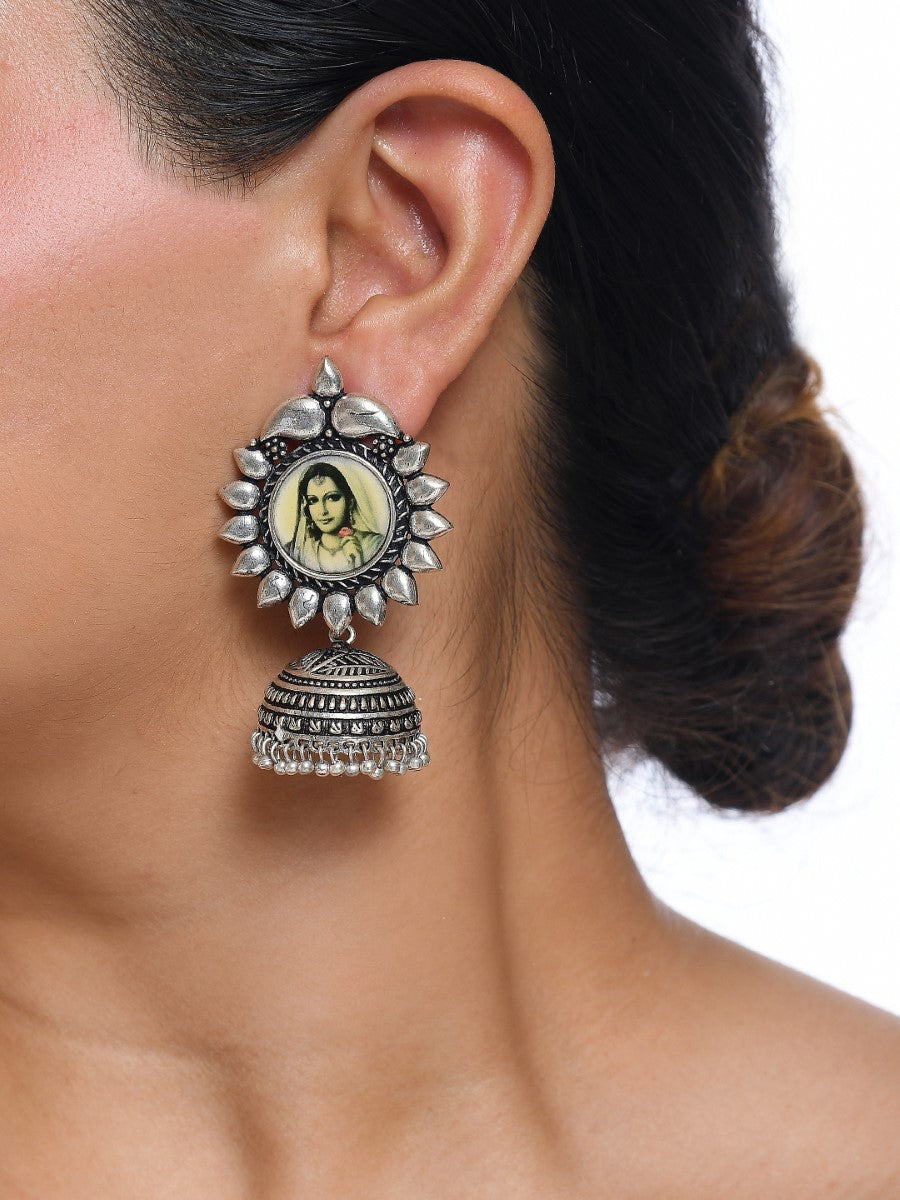 Vintage Design Silver Tone Jhumki with Painting