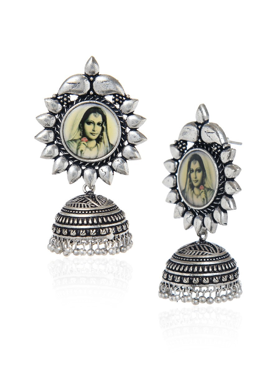 Vintage Design Silver Tone Jhumki with Painting