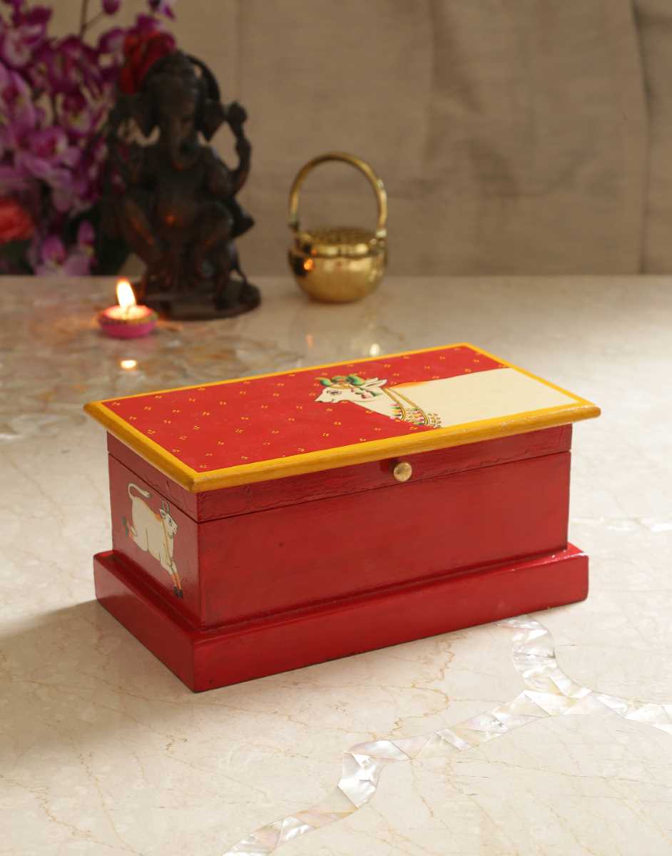 Spacious Pichwai Hand Painted Cow Box - Red