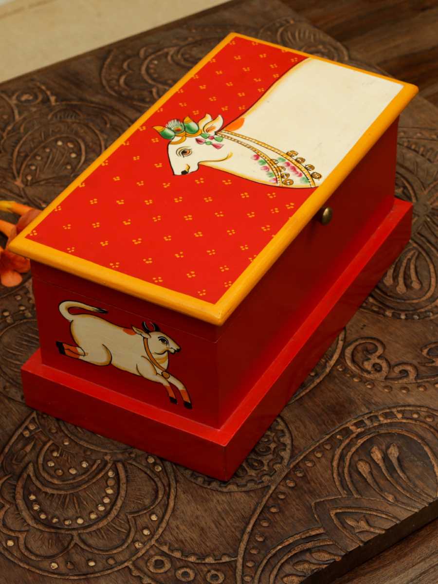 Spacious Pichwai Hand Painted Cow Box - Red