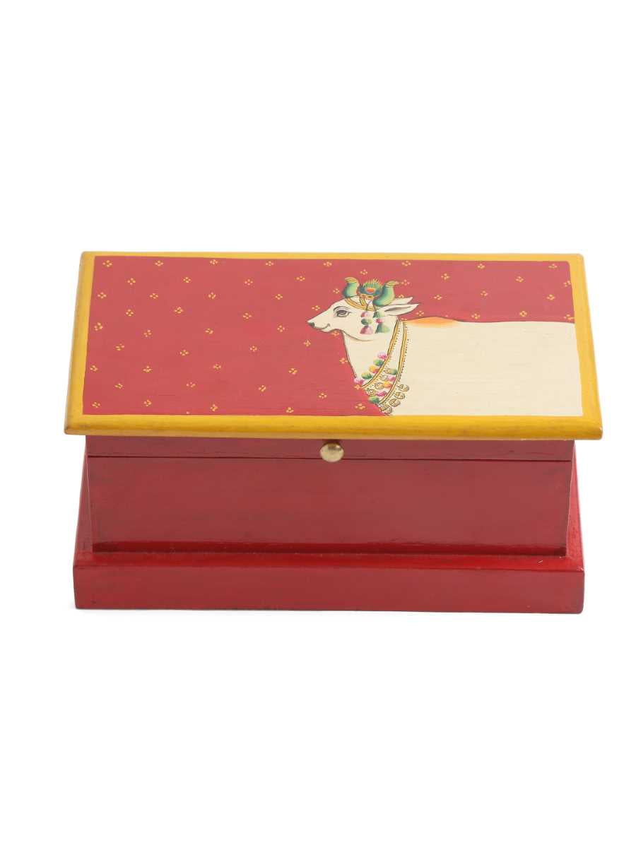Spacious Pichwai Hand Painted Cow Box - Red