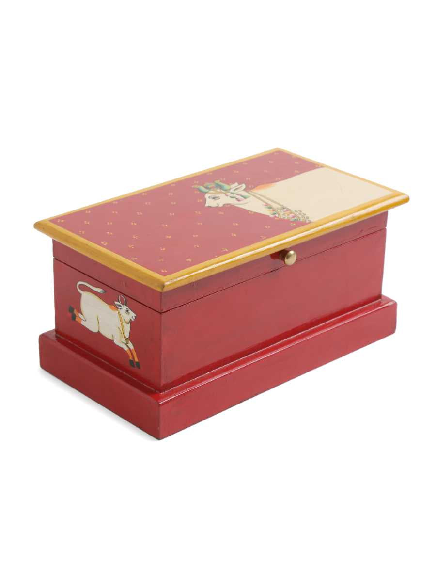 Spacious Pichwai Hand Painted Cow Box - Red
