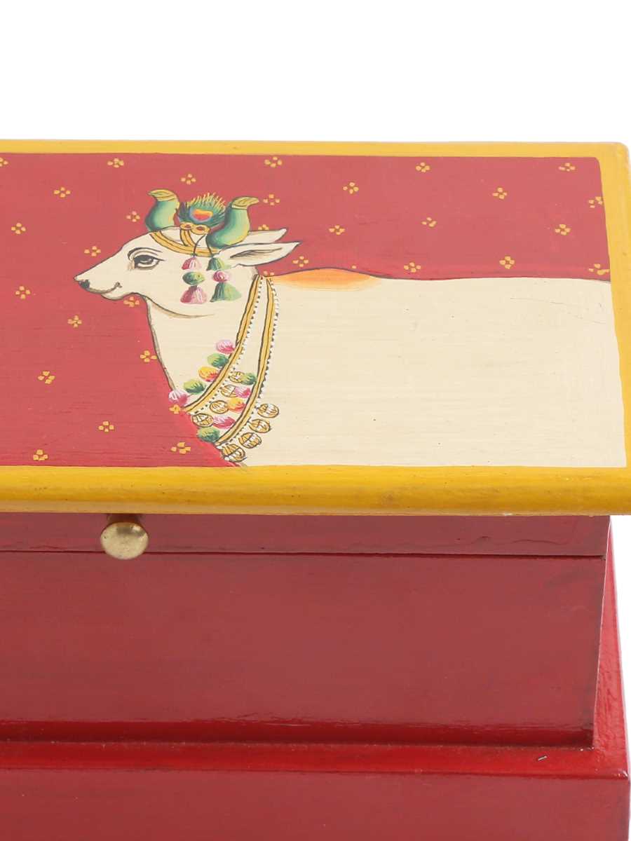 Spacious Pichwai Hand Painted Cow Box - Red