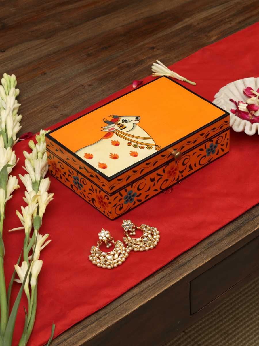 Beautiful Pichwai Hand Painted Cow Box - Orange