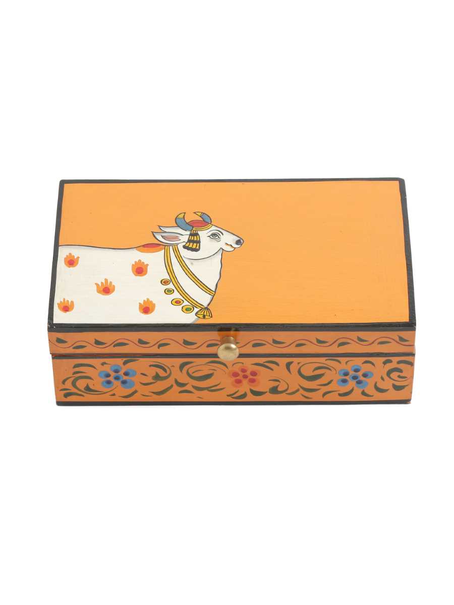 Beautiful Pichwai Hand Painted Cow Box - Orange