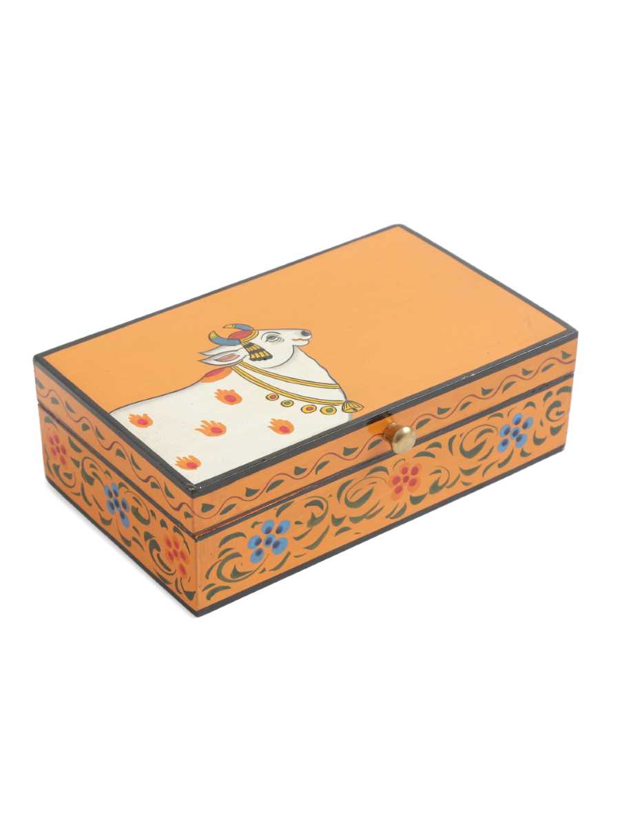 Beautiful Pichwai Hand Painted Cow Box - Orange
