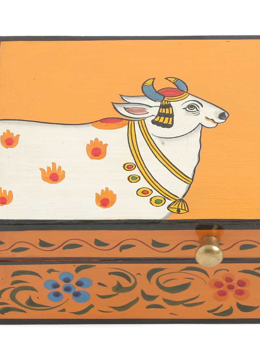 Beautiful Pichwai Hand Painted Cow Box - Orange