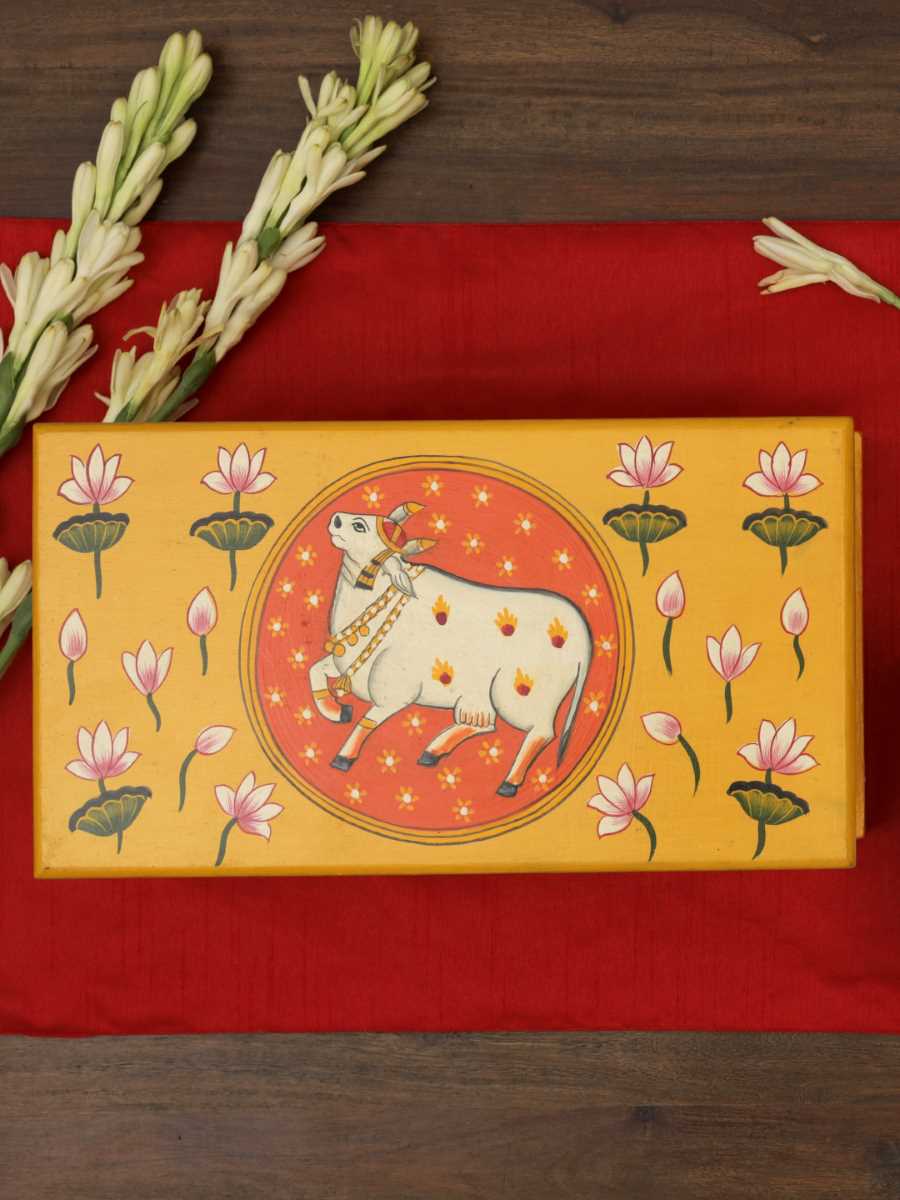 Pichwai Cow Painted Box In Yellow And Orange