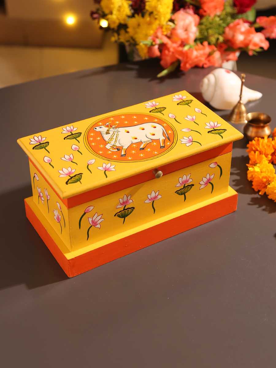 Pichwai Cow Painted Box In Yellow And Orange