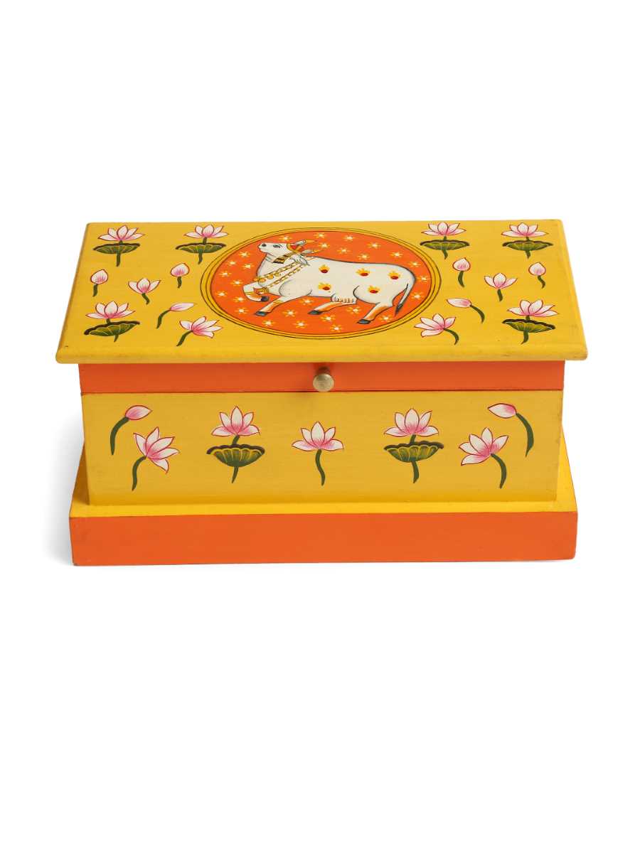 Pichwai Cow Painted Box In Yellow And Orange