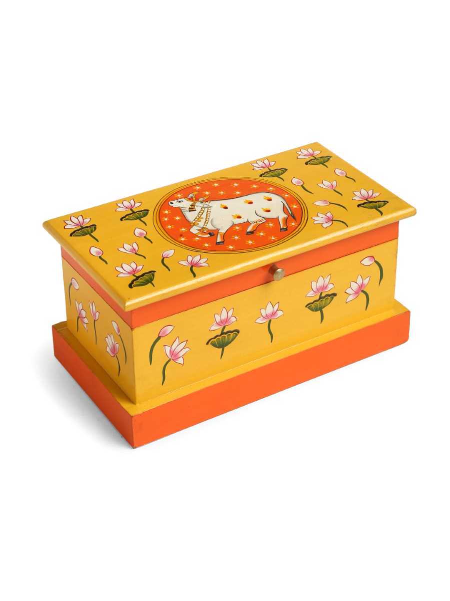 Pichwai Cow Painted Box In Yellow And Orange