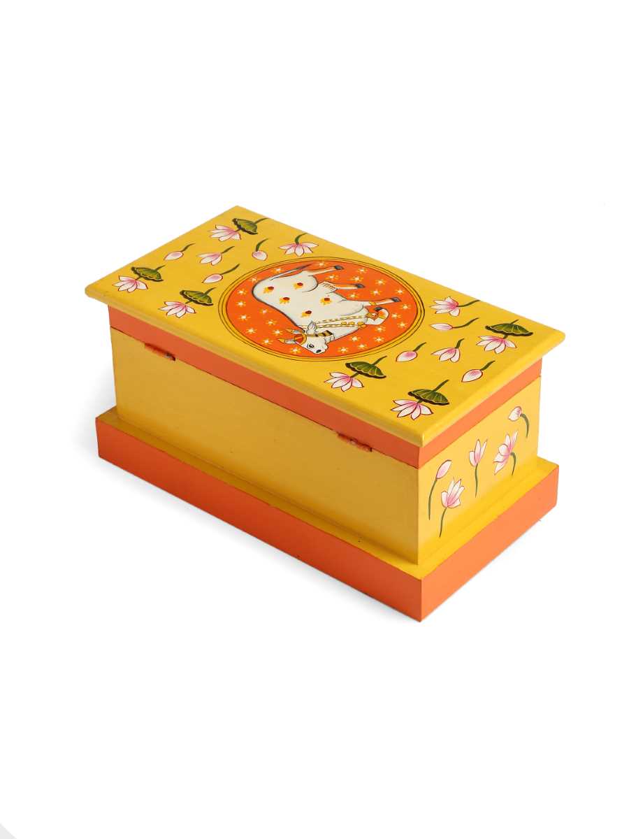 Pichwai Cow Painted Box In Yellow And Orange