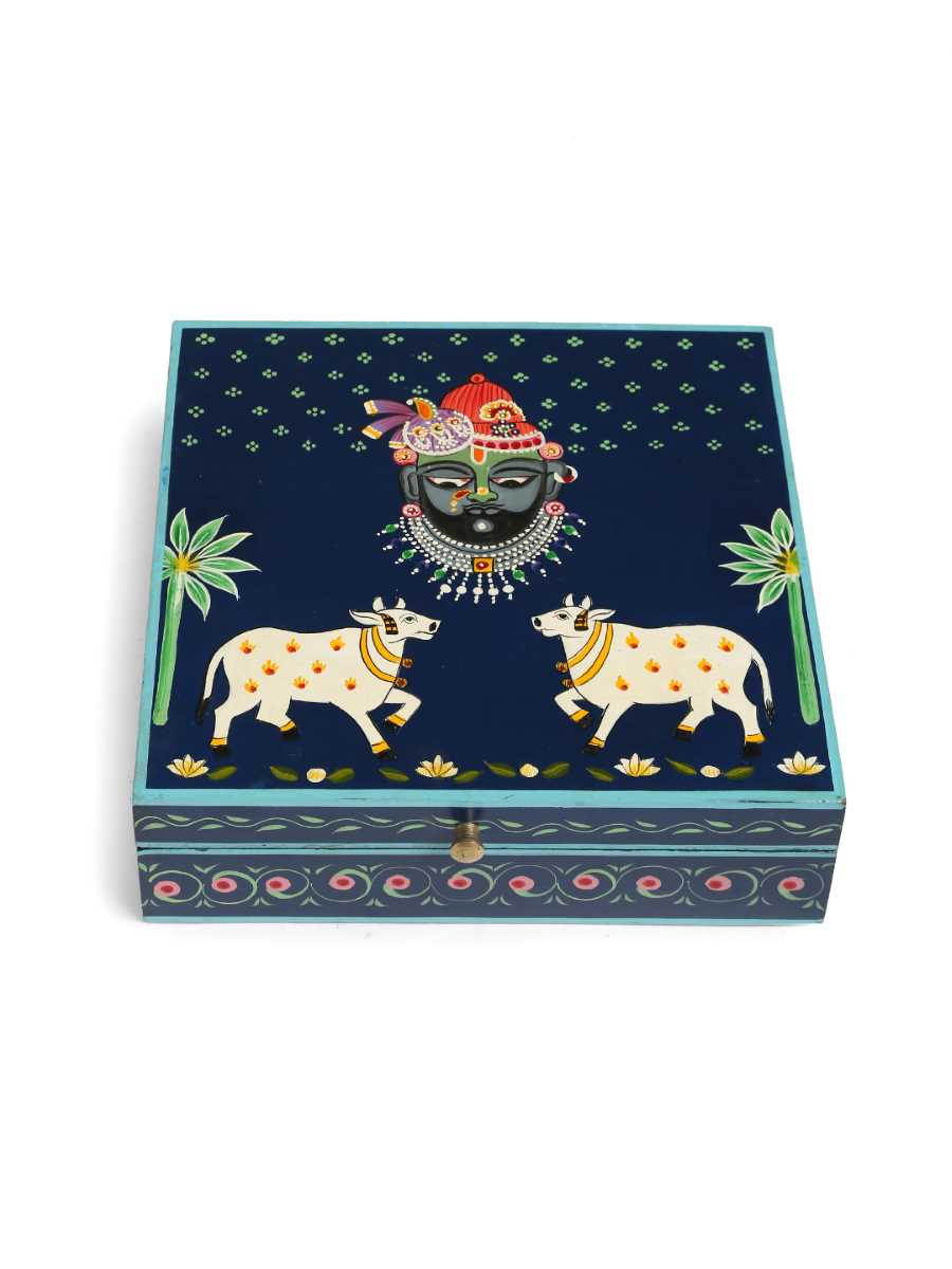 Pichwai Krishna Painted Box - Dark Blue