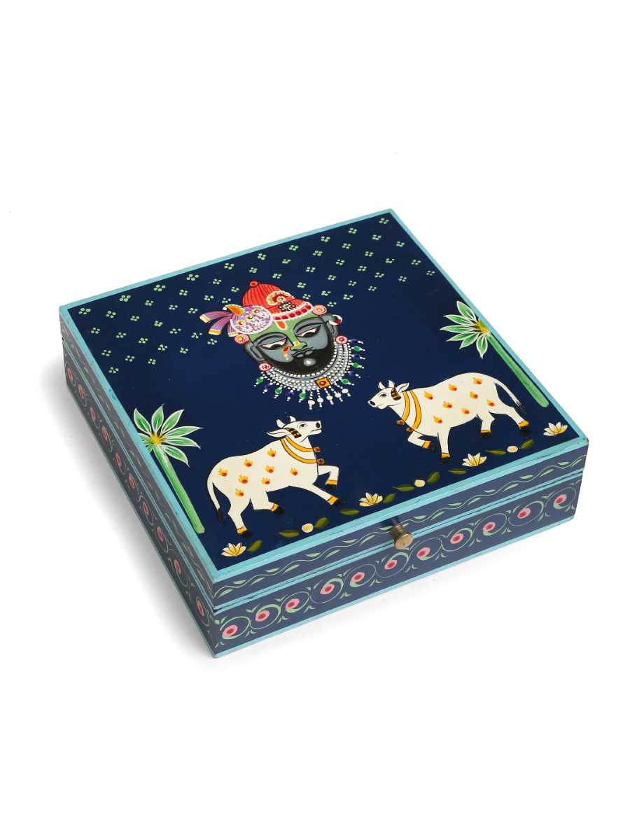 Pichwai Krishna Painted Box - Dark Blue