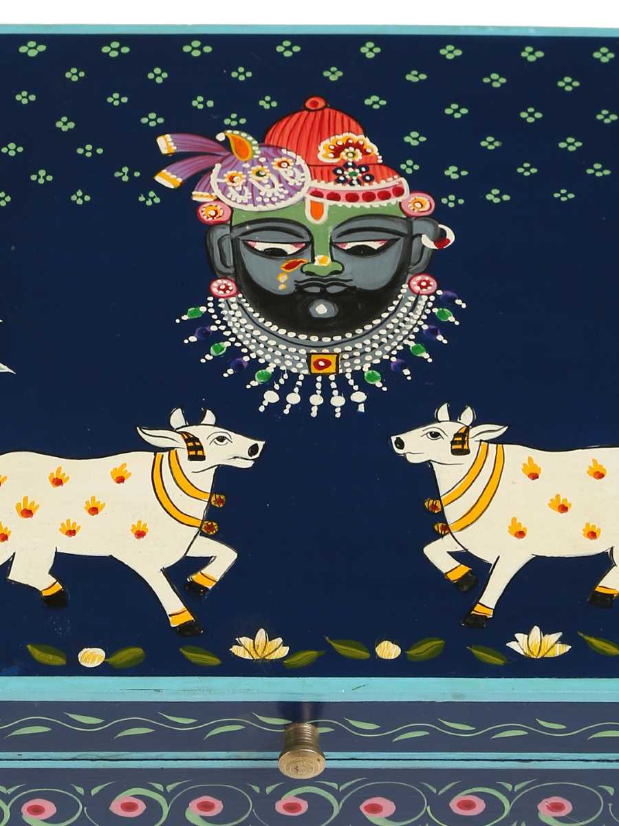 Pichwai Krishna Painted Box - Dark Blue