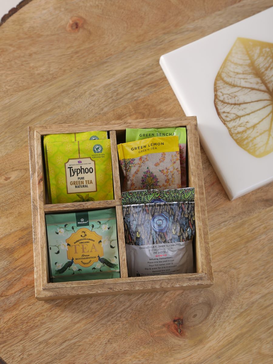 Mango Wooden Spice Box In Enamel Finish With Gold Leaf Design