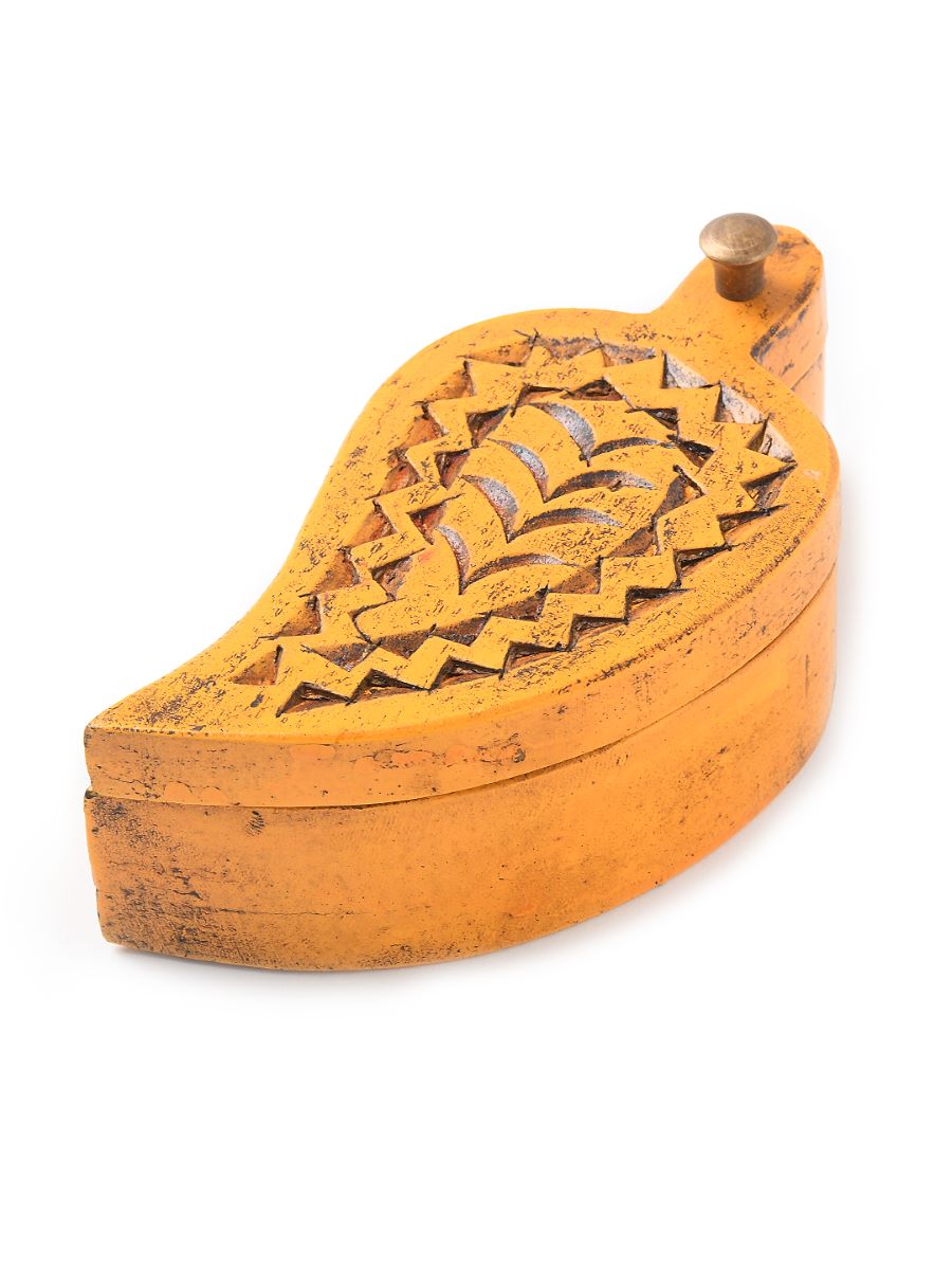 Hand Carved Yellow Antique Finish Wooden Box