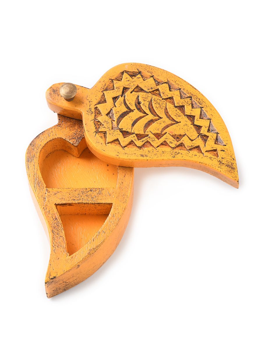 Hand Carved Yellow Antique Finish Wooden Box