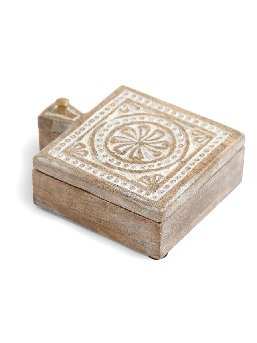 Hand Carved Box With White Wash Finish