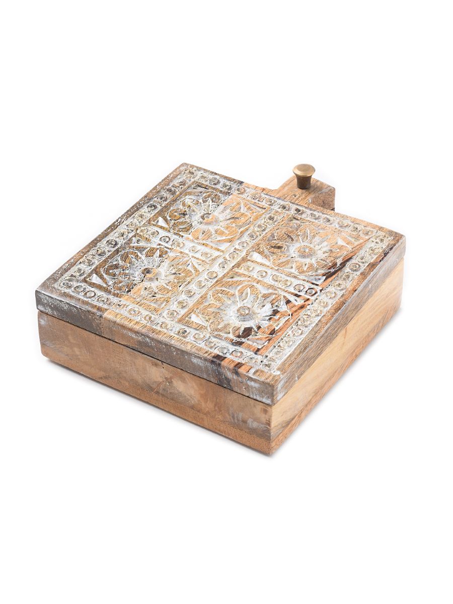 Hand Carved Box With White Wash Finish