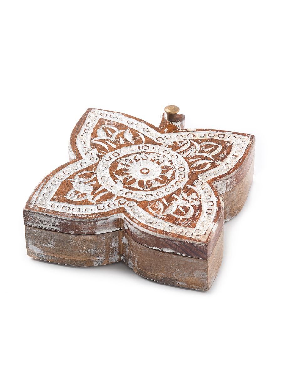 Hand Carved Box With White Wash Finish